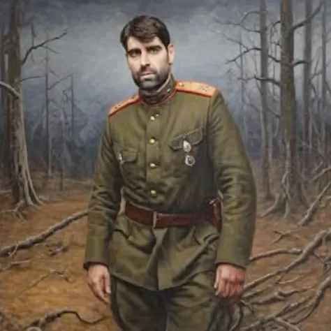 Painting of Corluka in RWWIBL Uniform,8k,1person,1man,dark skies,Dugouts,Trenches,Cemeteries,Frozen,Smoke,Choking dust,Ominous,Tenebrous,Grim,Disillusionment,Mourning,Tangled roots,Alla prima,Leading lines,Earth tones,dark,ultra detailed,intricate,surrealism,oil on canvas,dry brush
 forest <lora:RWWIBL_uniform:1> <lora:corluka_sdzl:1>