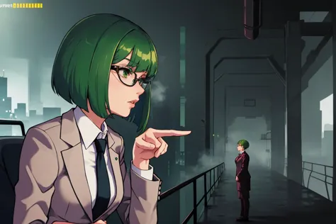 anime character with green hair pointing at something in a dark room