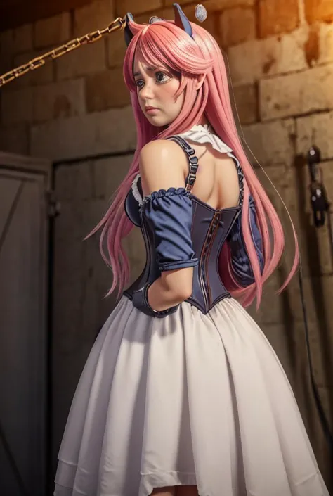 a woman in a dress with pink hair and horns on her head