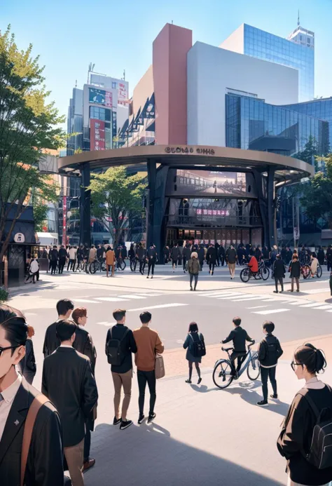 people walking and biking on a city street in a city