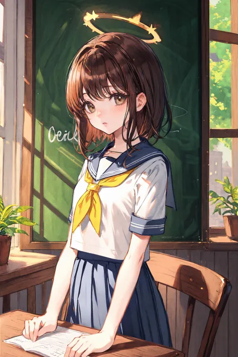 solo, 1girl, abstract, long hair, looking at viewer, black hair, upper body, halo, bangs ,solo, , indoors, skirt, chalkboard, classroom, chair, serafuku, desk, window, kneehighs, school desk, scenery, sunlight, brown hair, socks, looking at viewer, standing, neckerchief, pleated skirt, blue skirt, brown eyes, black socks, short hair, plant, black hair, school, white shirt, own hands together, shirt, v arms, short sleeves, overgrown, school chair, artist name, tree, light rays, bangs, sailor collar 
