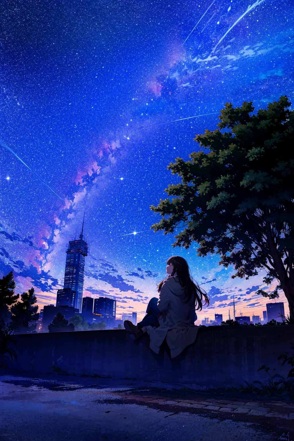 octans, sky, star (sky), scenery, starry sky, night, 1girl, night sky, solo, outdoors, signature, building, cloud, milky way, sitting, tree, long hair, city, silhouette, cityscape
