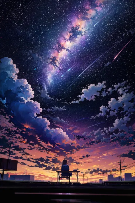 octans, sky, star (sky), scenery, starry sky, night, 1girl, night sky, solo, outdoors, building, cloud, milky way, sitting, tree...