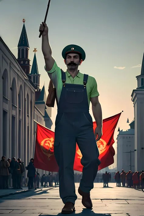 dramatic Soviet propaganda art, full body shot of Luigi, standing in front of a crowd, arm extended forward, soviet flag,  lora:...
