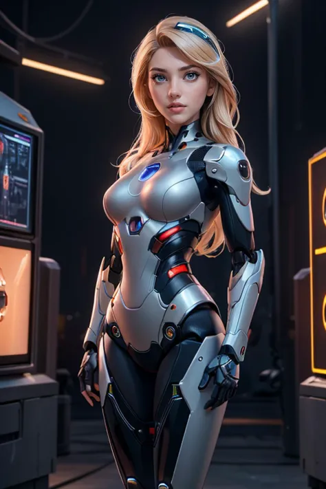 a woman in a futuristic suit standing in front of a tv