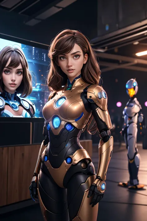 (best quality:1.3),masterpiece,high resolution,photo,realistic,4k,unreal,1 girl,
standing in front of video wall,touching screen,multiple robots,future metropolis,low light,
 <lora:Sexy-Spanish:0.8>   brown hair, light brown eyes,
 <lora:53XY-Gynoid:0.8> gynoid, fembot,
outdoors, futuristic,
<lora:detail_slider_v4:1.2>