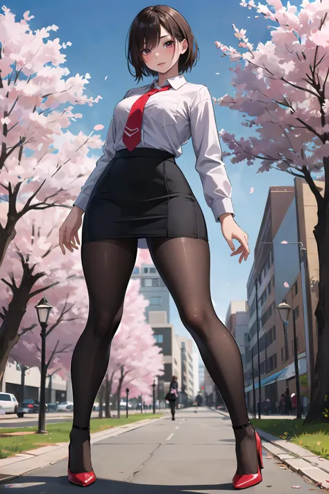 masterpiece, best quality,4girl,young girl, plum_pie eyes, brown, choppy bob,envious _face,shiny skin,medium breasts,nice leg line:1.3,thick thighs, thin waist,school uniform, thighhighs,necktie,((pencil skirt)),red color high heels, pantyhose, , Pathway_lined_with_blooming_cherry_blossom_trees,,looking at viewer,from below,full body, legsupsexms,