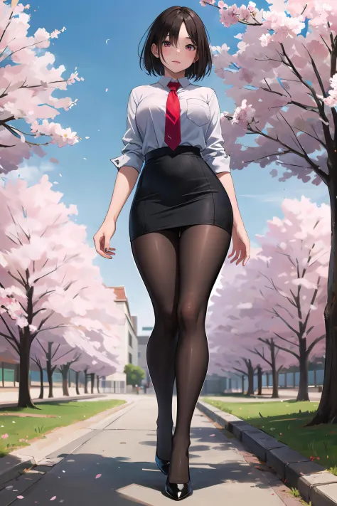 masterpiece, best quality,4girl,young girl, plum_pie eyes, brown, choppy bob,envious _face,shiny skin,medium breasts,nice leg line:1.3,thick thighs, thin waist,school uniform, thighhighs,necktie,((pencil skirt)),red color high heels,   pantyhose, , Pathway_lined_with_blooming_cherry_blossom_trees,,looking at viewer,from below,full body, legsupsexms,