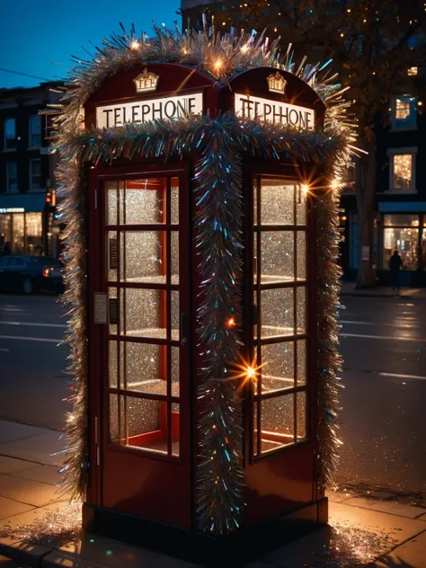 An old-fashioned telephone booth on a busy street corner, completely encased in ral-tinsel, glowing in the evening light <lora:ral-tinsel-sdxl:1><lora:EnvyBetterHiresFixXL01:0:hr=1>