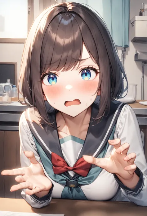 anime girl with blue eyes and a bow tie sitting at a table