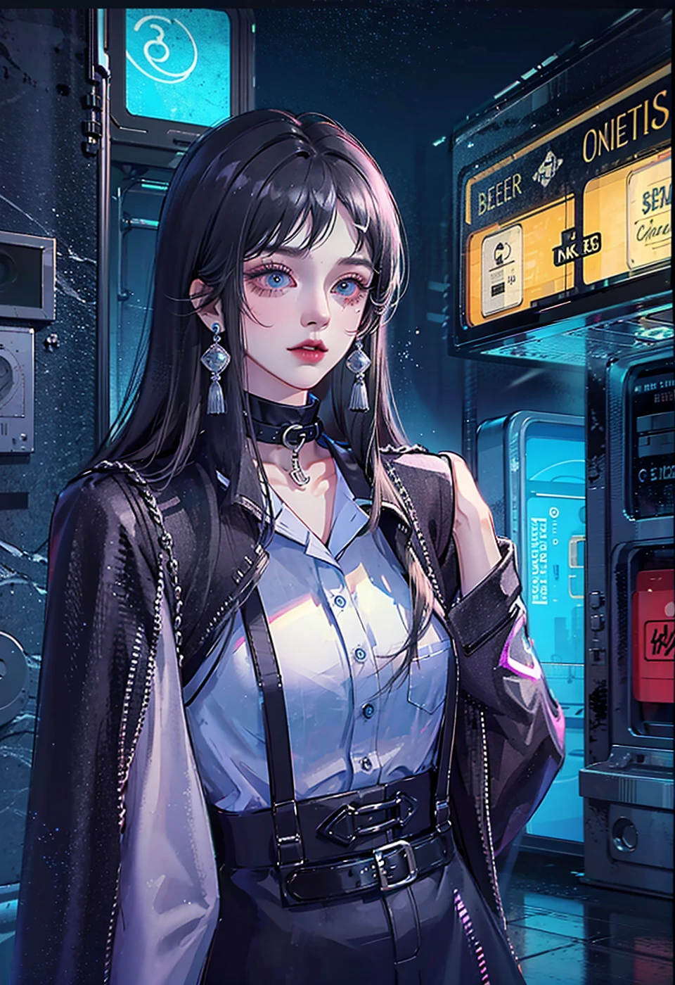 hugefilesizebestquality,highlydetailed,masterpiece,ultra-detailed,extremelydetailedCGunity8kwallpaper,Solo, upper body only, one girl,fashi-girl, long hair, ponytail, black hair, black suspender, gray coat, black collar, metal jewelry, ring earrings, blue eyes, night, neon lights, city, blurred background, 