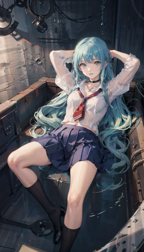 masterpiece, best quality, 1girl,long green hair,choker,necklace,lying on the water,full body,school uniform,(hands behind head:1.4),