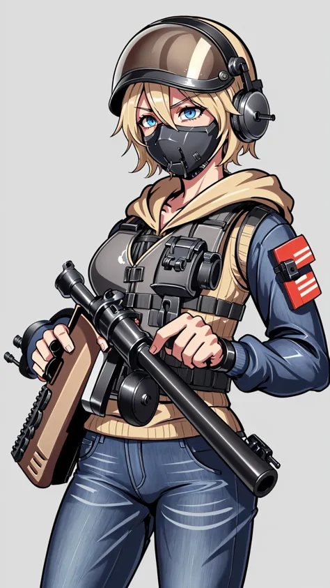 <lora:Tommy_Gun:0.8> thompson submachine gun, tommy gun, drum magazine, (holding a tommy gun with both hands:1.25), BREAK, <lora:iqr6-guy-v2:0.4> iqr6, blonde hair, short hair, blue eyes, mask, helmet, face shield, vest, bulletproof vest, gloves, hoodie, long sleeves, jeans, holster, headphones