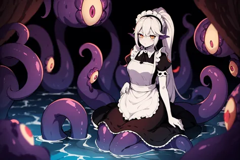 shoggoth, body horror, purple tentacles under maid apron, fused, black sclera, orange eyes, maid headdress, puffy short sleeves,...