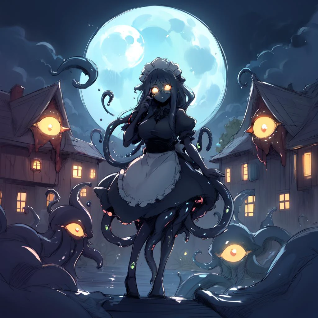 ((best quality)), ((highly detailed)), absurdres, extremely detailed face, beautiful face, (detailed eyes, deep eyes), (1girl), (glasses), dynamic pose, full body, (((shoggoth))), maid, body horror, (tentacles), ((extra eyes)), glowing eyes, Buff colored eyes, (colored skin), (dark_grey colored skin), large breasts, glowing portal,glowing runes, lovecraftian, solid eyes, colored sclerae, insanevoid, glowing, (outdoors, at a house, midnight, night sky, stars, full moon, hurricane), ((sketch))