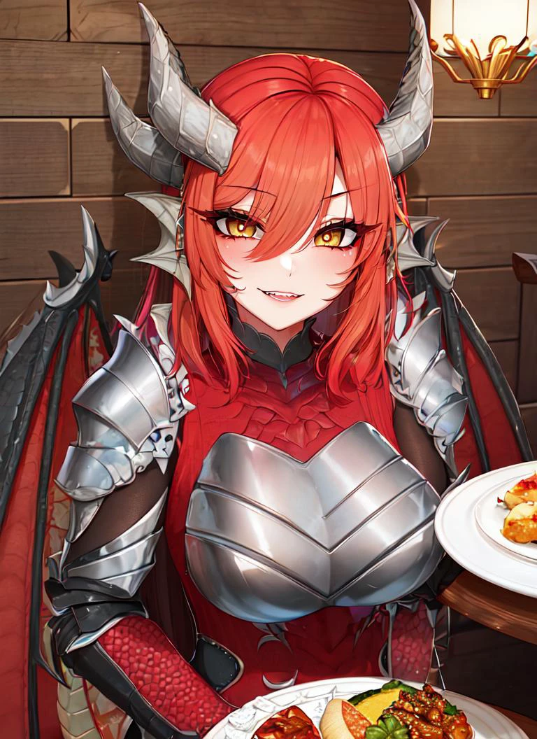 ((best quality)), ((highly detailed)), masterpiece, absurdres, detailed face, beautiful face, (detailed eyes, deep eyes), (1girl), upper body, ((flip-flops)), dragon girl, , scales, red colored hair, yellow eyes, dragon horns, dragon tail, dragon wings, gauntlets, armored boots, (inside, at a dining room), 