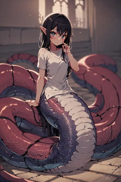 1girl, lamia, scales, white shirt, full body, Original Character, Volumetric Lighting, Best Shadows, Shallow Depth of Field, Stunningly Beautiful Girl, , Delicate Beautiful Attractive Face