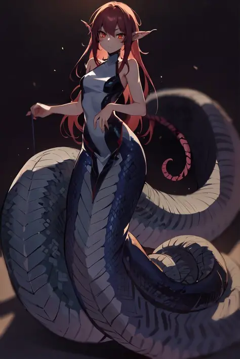 1girl, lamia, scales, [white shirt:0.8], [top-down bottom-up:0.5], full body, red lamia, red scales,  attractive, figure, ultra-...