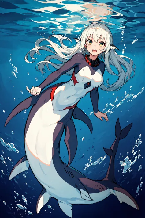 1girl, shark girl, mershark, mermaid, fins, full body