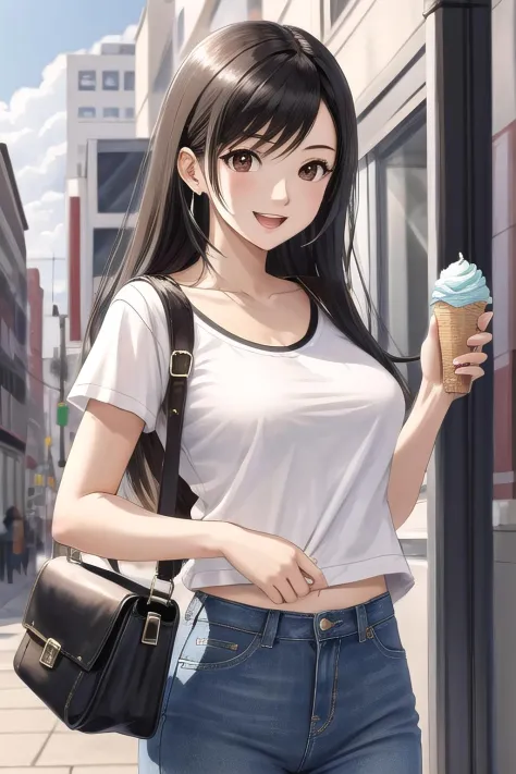 tifa ff7, 1fille, seulement, regarder le spectateur, cadre urbain, T-shirt, chemise blanche, jeans, meDium breasts, chemise tendue, holDing ice cream, :D, upper boDy, hanDbag