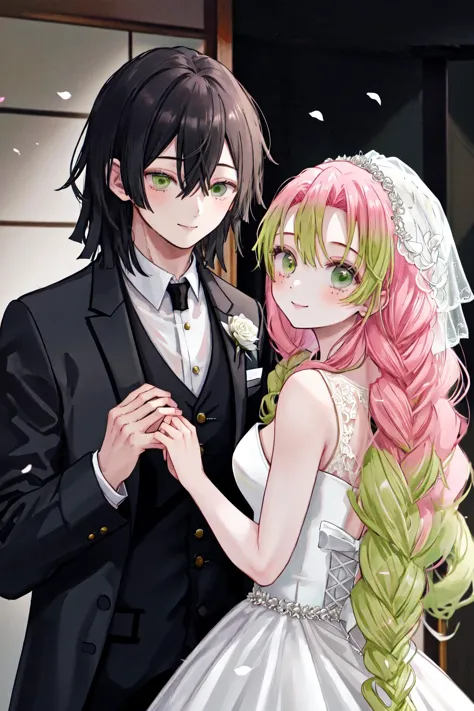 masterpiece, best quality, highres, 1boy obanai, 1girl mitsuri <lora:obanai_mitsuri_2:1> white dress wedding dress, black jacket formal suit, smile