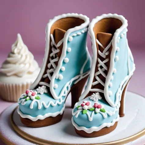 a close up of a pair of blue shoes on a plate