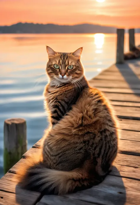 a serene morning scene of a Brown Cat sitting gracefully on a weathered wooden dock, facing towards the water, its fur gently illuminated by the warm rays of the morning sun, calm waters of the bay stretch out in the background, gentle ripples reflecting the light, sky with soft hues of orange and pink tinting the horizon, evokes a sense of peace and tranquility, lost in quiet contemplation <lora:Brown Cat:1>