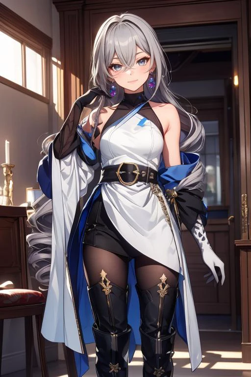 (Masterpiece, top quality, best quality, official art, beautiful and aesthetic:1.2), (1girl:1.3),  ph bronya, 1girl, solo, jewelry, earrings, long hair, grey hair, (bangs, drill hair, bare shoulders, grey eyes, thigh boots, hair between eyes, boots, elbow gloves,sleeveless, black gloves, twin drills, belt, leggings, white dress, breasts, small breasts, black footwear, long sleeves, black silk stokings), 