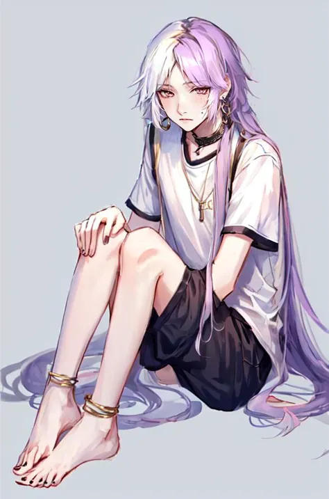 a drawing of a girl with long purple hair sitting on the ground