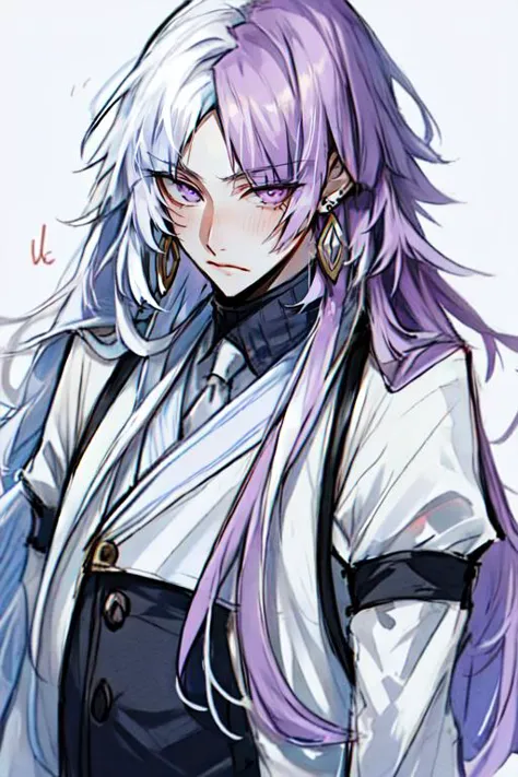 anime girl with long purple hair and white shirt and black pants