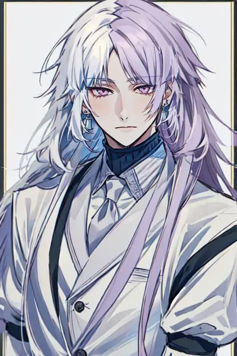 <lora:Sigma_-_Bungo_Stray_Dogs_Updated:1>, 1boy, solo, closed mouth, earrings, jewelry, long hair, looking at viewer, male focus, purple eyes, two-toned hair, mulitcolor hair, white hair, purple hair,