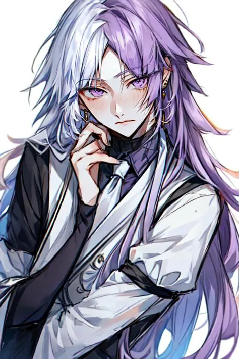 <lora:Sigma_-_Bungo_Stray_Dogs_Updated:1>, 1boy, solo, closed mouth, earrings, jewelry, long hair, looking at viewer, male focus, purple eyes, two-toned hair, mulitcolor hair, white hair, purple hair,