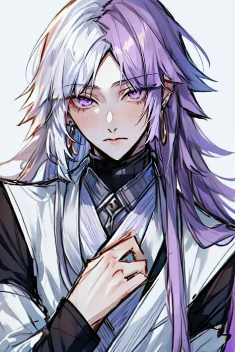 <lora:Sigma_-_Bungo_Stray_Dogs_Updated:1>, 1boy, solo, closed mouth, earrings, jewelry, long hair, looking at viewer, male focus, purple eyes, two-toned hair, mulitcolor hair, white hair, purple hair,