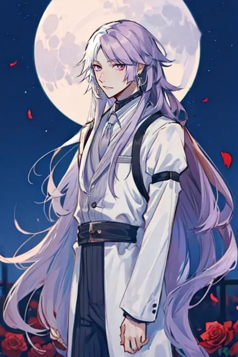 a woman with long hair standing in front of a full moon