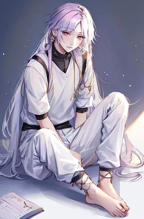 <lora:Sigma_-_Bungo_Stray_Dogs_Updated:1>,  1boy, adult male, barefoot, long hair, solo, male focus, earrings, jewelry, two-toned hair, purple hair, white hair, feet, sitting, sweatpants, T-shirt