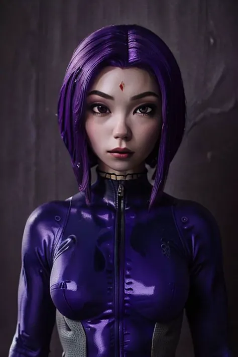 a woman in a purple suit with purple hair and a red cross on her forehead