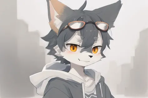 masterpiece, best quality, furry, kemono, art by dagasi, <lora:art_by_dagasi:0.6>, gray fox boy, gray fur,, (orange eye:1), sunglasses, gray hair, smirk, face focus, portrait, muscular, hoodie,  highly detailed eyes, beer baltic9  <lora:EyesGen:0.4>