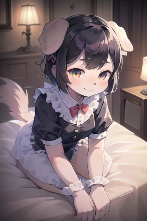 masterpiece, extremely detailed, volumetric light, 1girl, dog themed succubus, wearing black and white frilly maid outfit, black hair, dog ears, fluffy dog tail, dog eyes, dog nose, very dark skin, smile, sunny, inside a mansion setting, blushing, (beautiful detailed eyes)