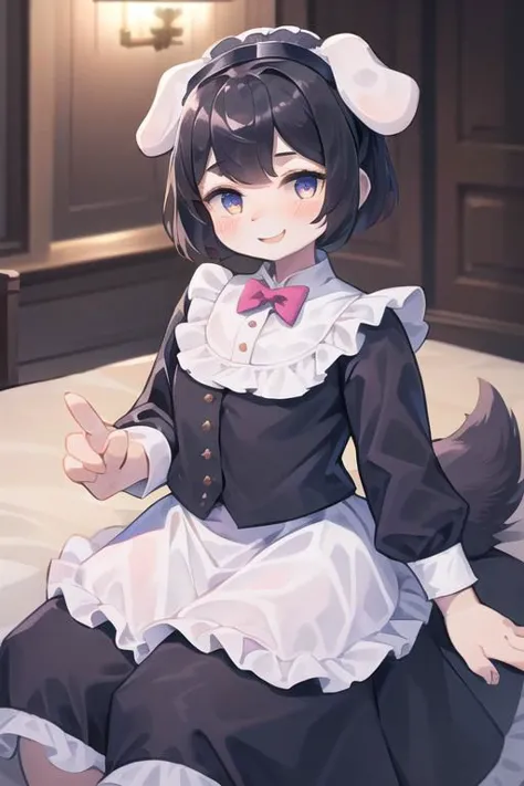 1girl, dog themed succubus, wearing black and white frilly maid outfit, black hair, dog ears, fluffy dog tail, dog eyes, dog nose, very dark tanned skin, smile, sunny, inside a mansion setting, blushing,