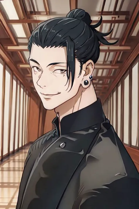 1man, getou, solo, looking at viewer, smile, short hair, black hair, long sleeves, 1boy, closed mouth, standing, jacket, upper body, male focus, cowboy shot, indoors, hair bun, black eyes, black jacket, black pant, piercing, single hair bun, ear piercing, gakuran, hair pulled back, masterpiece,