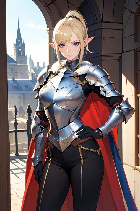 a woman in a silver and red cape standing in front of a castle