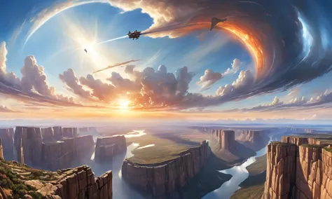 a realistic oil painting of A sci-fi earth smithy flying high up in the skies. You can see a lush Temperate savanna landscape below through gaps in the clouds. A crowd of female people pull a large workpiece behind them.