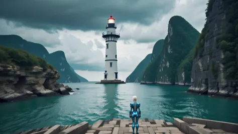 a close up of a person standing on a dock near a light house