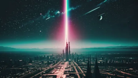 a futuristic city with a bright light beam in the sky