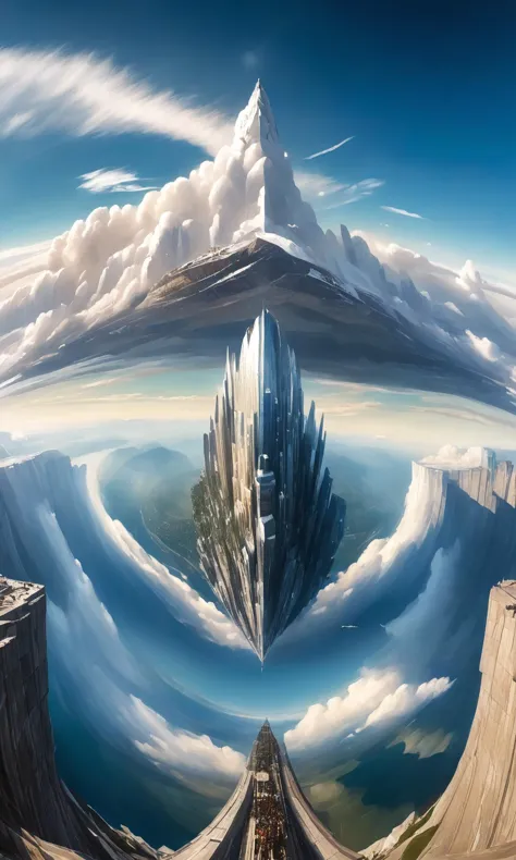 a cubistic vectorart illustration of A sci-fi earth smithy flying high up in the skies. You can see a lush Polar forest landscape below through gaps in the clouds. A crowd of male people pull a large workpiece behind them.