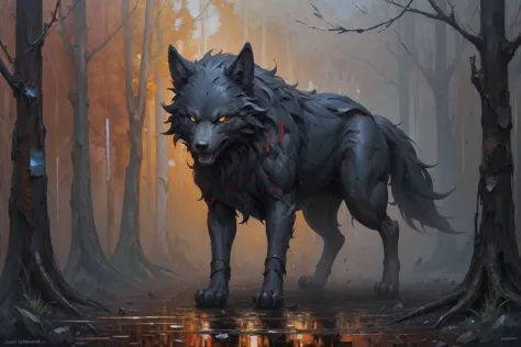 a painting of a wolf standing in the middle of a forest