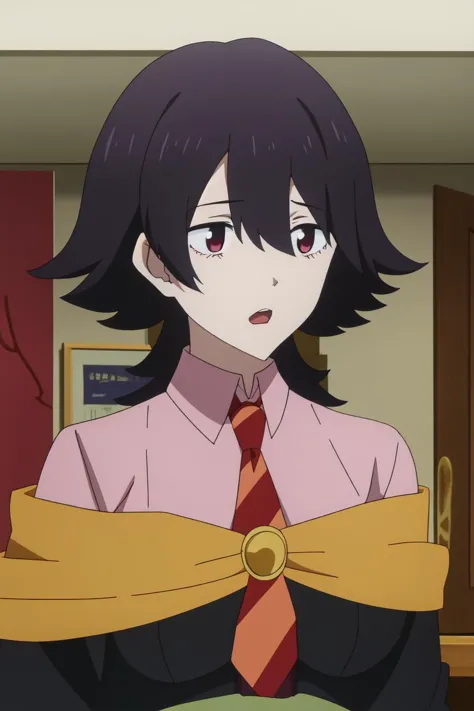 anime girl with black hair and a red tie standing in a room