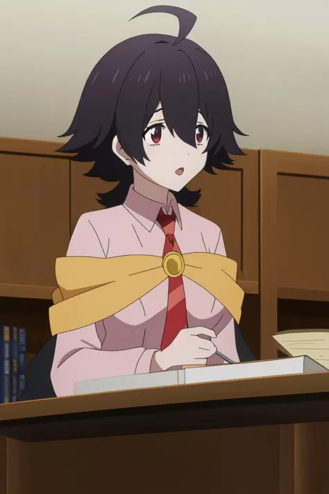 anime girl in a pink shirt and red tie sitting at a desk