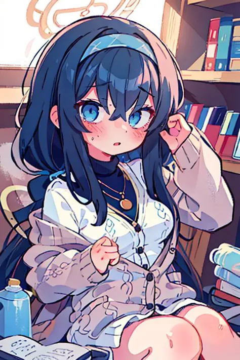 (masterpiece, best quality), 1girl,  beautiful face,    <lora:ui_bluearchive:1> ui_bluearchive, long_hair, black_hair, bangs, hairband, halo, bags_under_eyes, blue_hairband, blue_eyes, hair_between_eyes, blush, jewelry, necklace, cardigan, very_long_hair, breasts