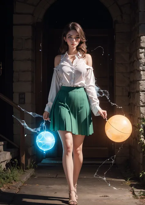 arafed woman in a white shirt and green skirt holding a blue orb